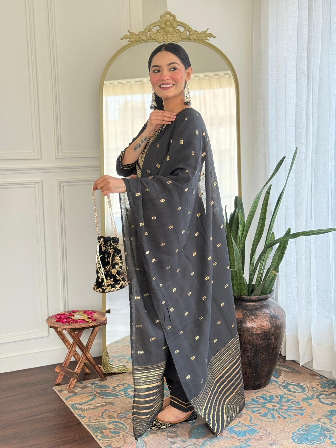 The52 Women's Black Embroidered Cotton Slub Fabric Straight Kurta, Pant and Dupatta Set | Grocsy