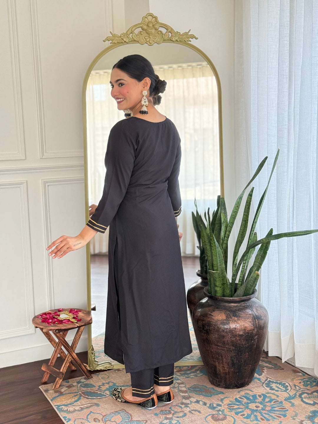 The52 Women's Black Embroidered Cotton Slub Fabric Straight Kurta, Pant and Dupatta Set | Grocsy