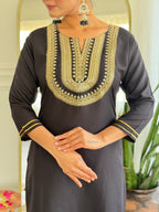 The52 Women's Black Embroidered Cotton Slub Fabric Straight Kurta, Pant and Dupatta Set | Grocsy