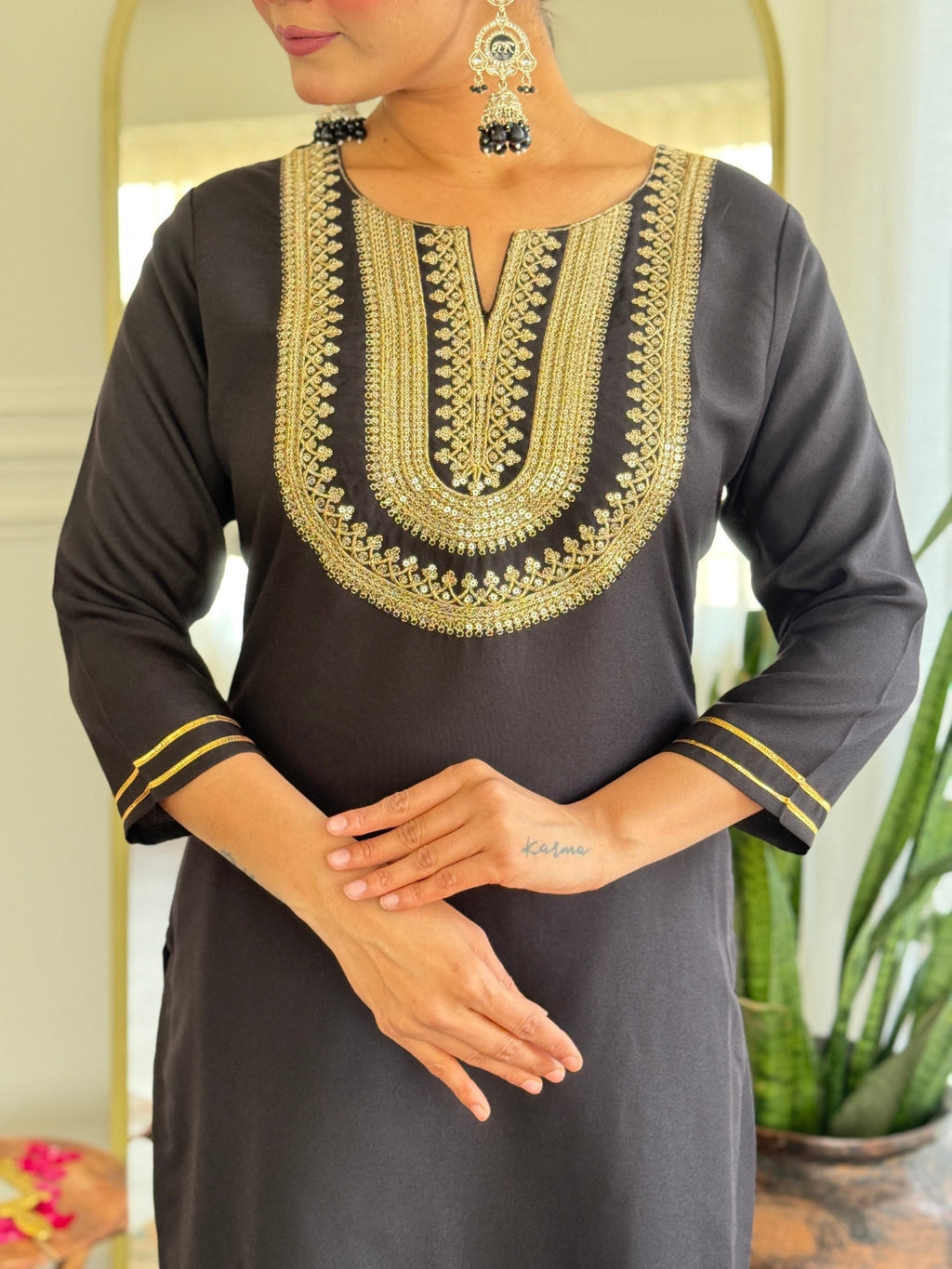 The52 Women's Black Embroidered Cotton Slub Fabric Straight Kurta, Pant and Dupatta Set | Grocsy