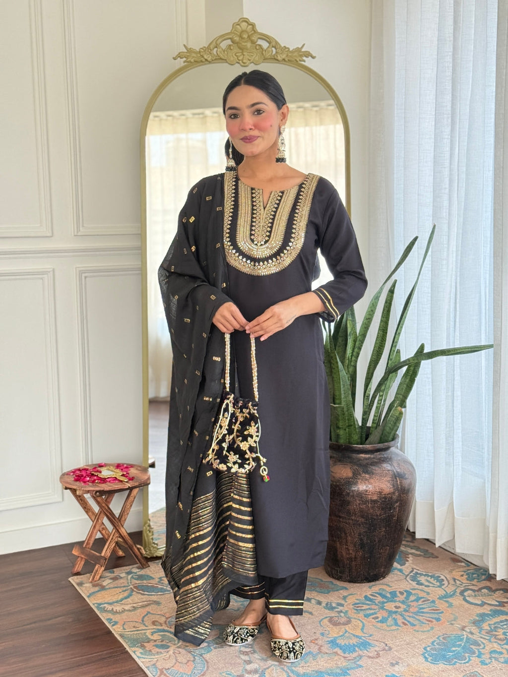 The52 Women's Black Embroidered Cotton Slub Fabric Straight Kurta, Pant and Dupatta Set | Grocsy