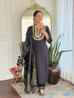 The52 Women's Black Embroidered Cotton Slub Fabric Straight Kurta, Pant and Dupatta Set | Grocsy