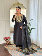 The52 Women's Black Embroidered Cotton Slub Fabric Straight Kurta, Pant and Dupatta Set | Grocsy