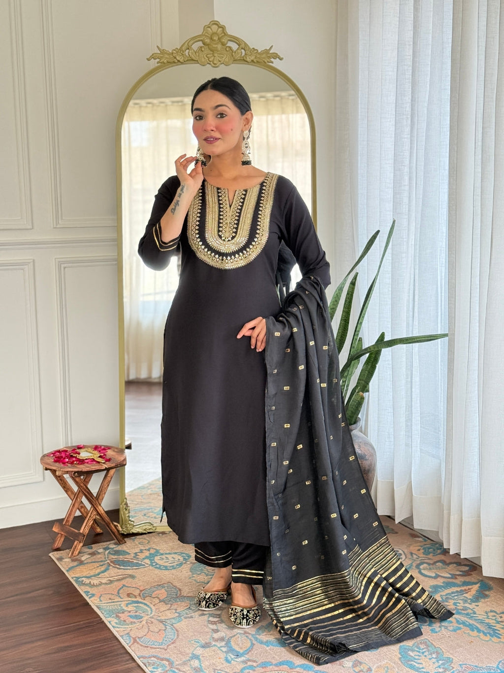 The52 Women's Black Embroidered Cotton Slub Fabric Straight Kurta, Pant and Dupatta Set | Grocsy