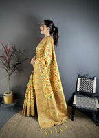 Elora Golden Yellow Pashmina Silk Meenakari Weaving Madhubani Design Kashmiri Saree | Grocsy