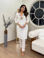 Lorenvalley White Cotton Embroidered & Khatli Hand Work Kurta with Pant | Grocsy