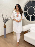 Lorenvalley White Cotton Embroidered & Khatli Hand Work Kurta with Pant | Grocsy