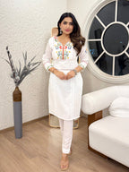 Lorenvalley White Cotton Embroidered & Khatli Hand Work Kurta with Pant | Grocsy