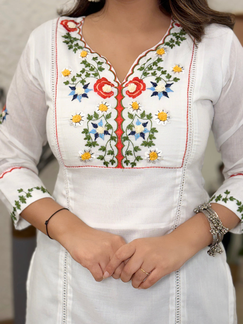 Lorenvalley White Cotton Embroidered & Khatli Hand Work Kurta with Pant | Grocsy
