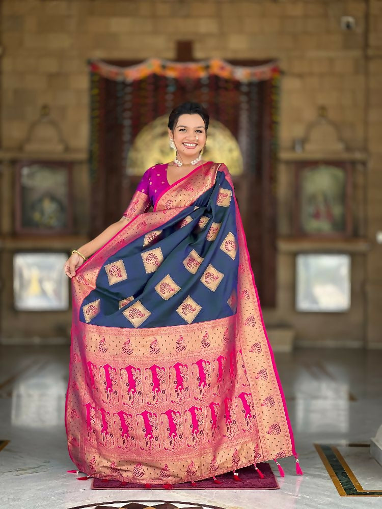 PR Fashion Morpich Soft Banarasi Silk With Zari Weaving Meenakari Design Saree | Grocsy