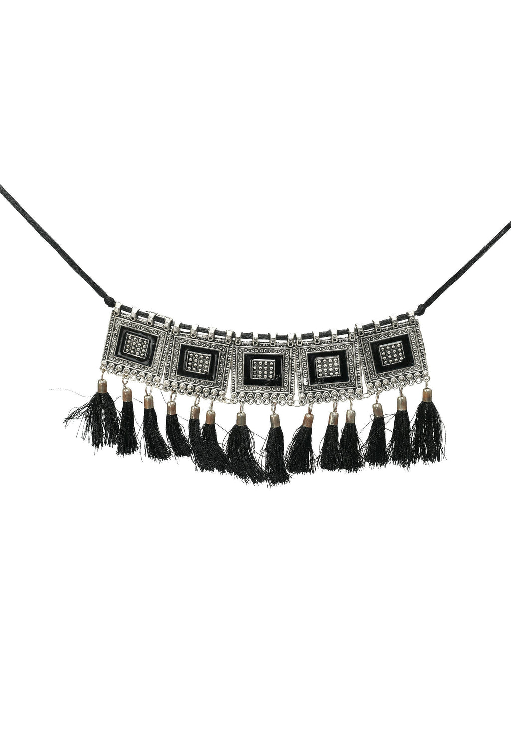 Mominos Fashion Johar Kamal Oxidised Silver-Plated Brass Finish Tassel Work Handicraft Choker For Women (Black) | Grocsy