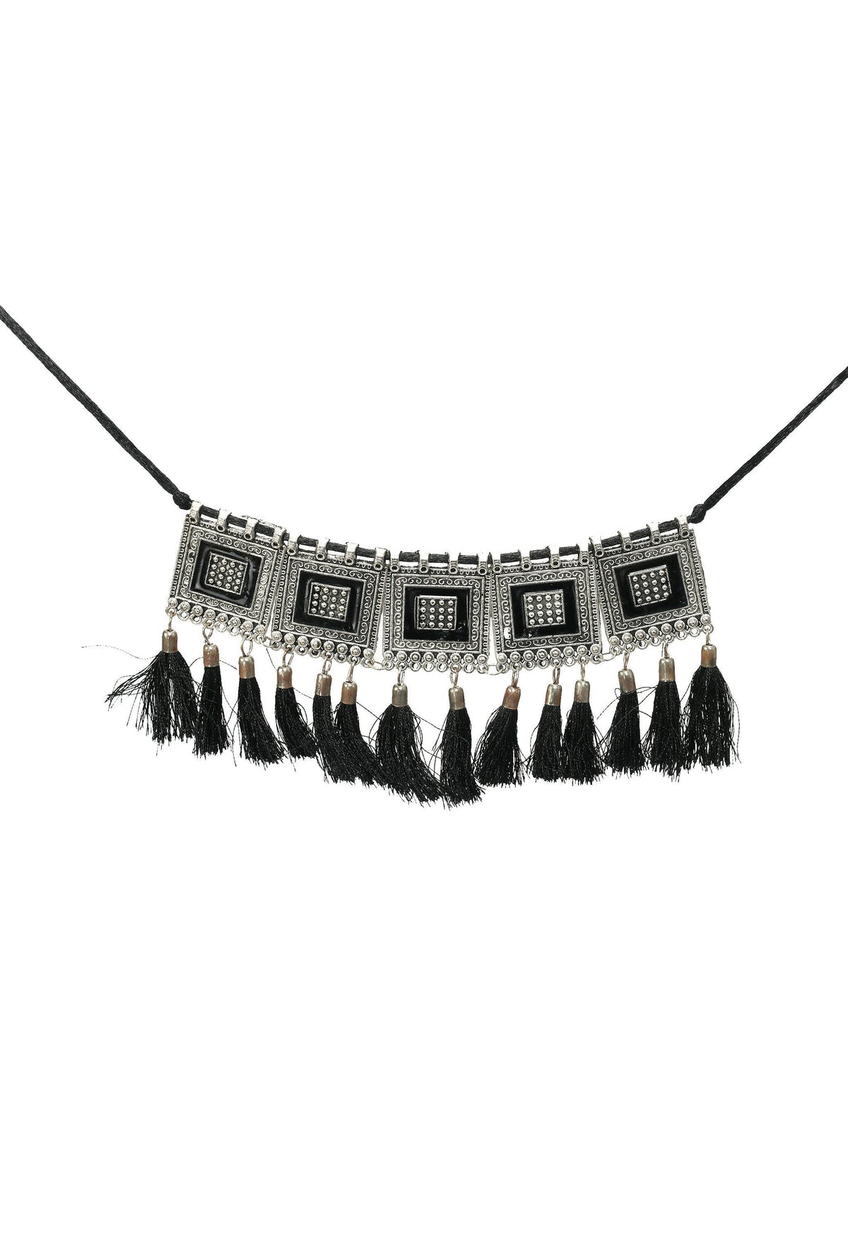 Mominos Fashion Johar Kamal Oxidised Silver-Plated Brass Finish Tassel Work Handicraft Choker For Women (Black) | Grocsy