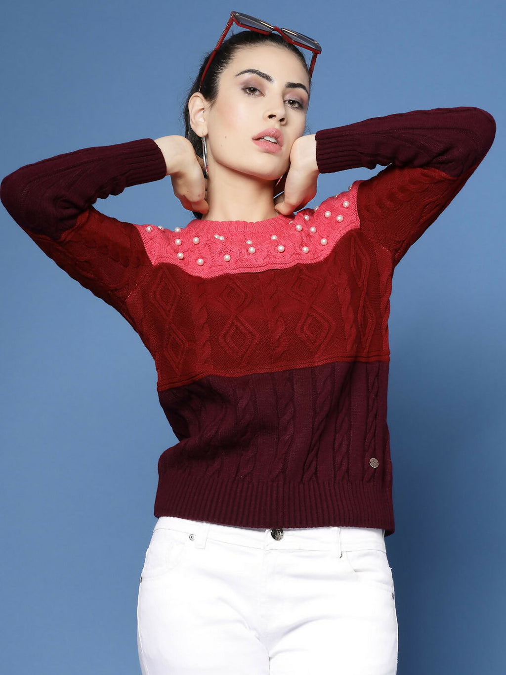 Women Color Block Marron Acrylic Winter Sweater - Wool Trees | Grocsy
