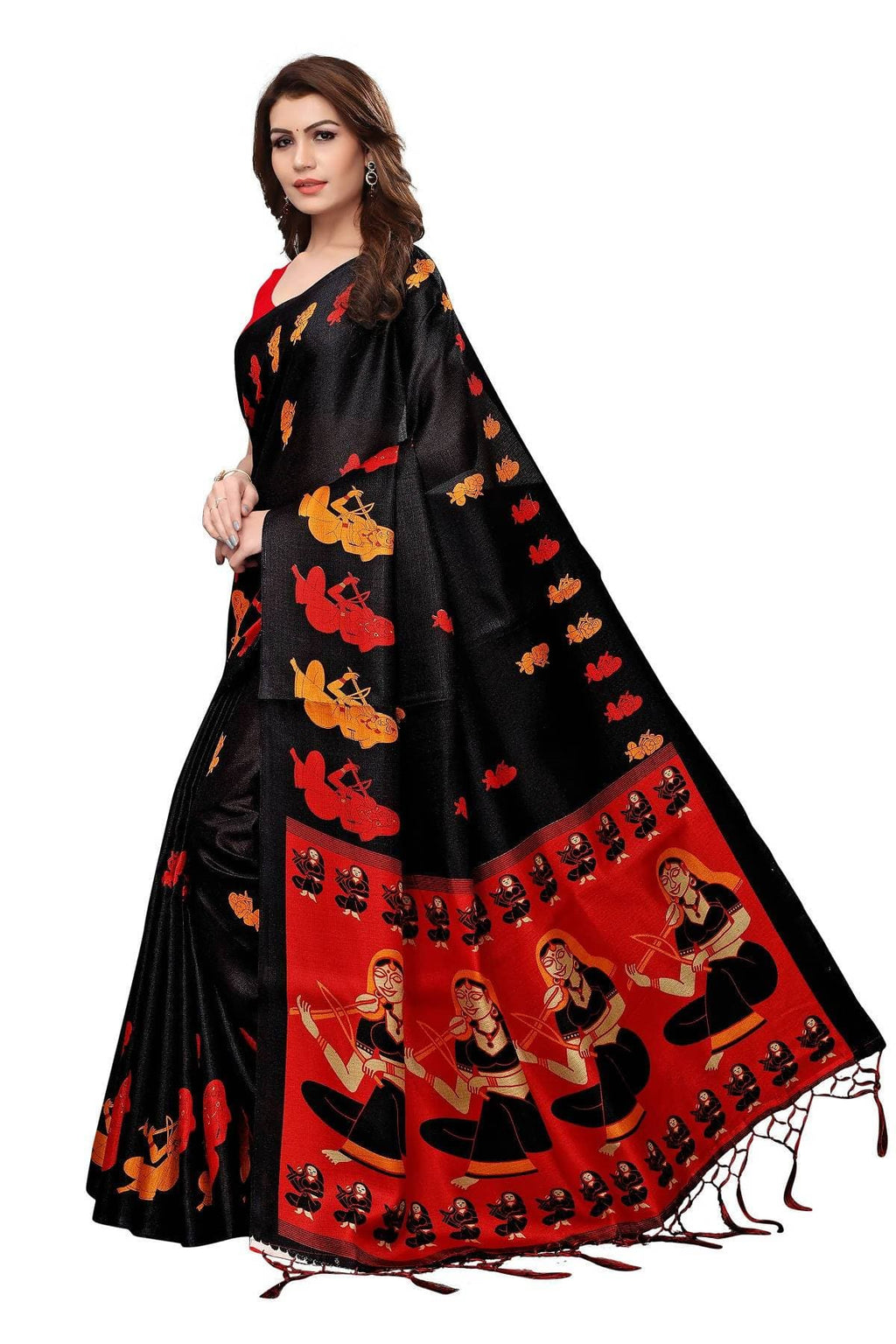 Vamika Black & Red Kalamkari With Jhalar Khadi Silk Saree | Grocsy