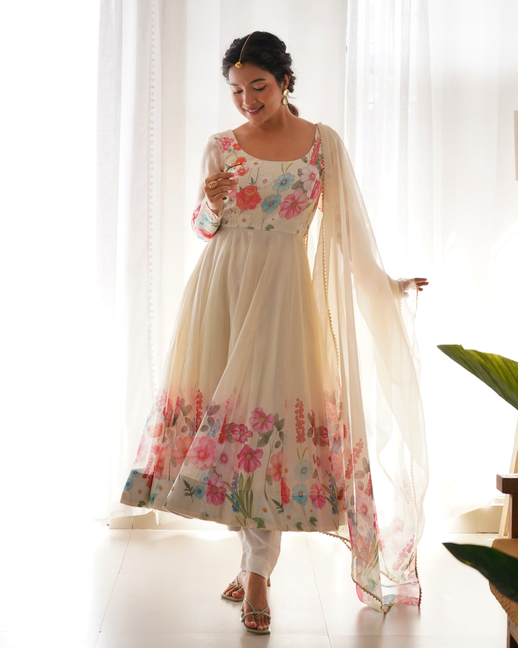 Lehenga Mart Designer Anarkali Suit With Kurta Pant Dupatta For Women-Cream | Grocsy
