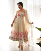 Lehenga Mart Designer Anarkali Suit With Kurta Pant Dupatta For Women-Cream | Grocsy