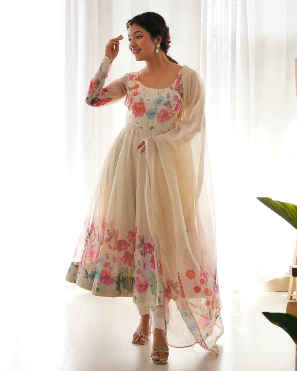 Lehenga Mart Designer Anarkali Suit With Kurta Pant Dupatta For Women-Cream | Grocsy