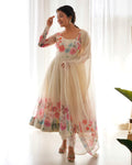 Lehenga Mart Designer Anarkali Suit With Kurta Pant Dupatta For Women-Cream | Grocsy