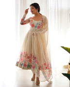 Lehenga Mart Designer Anarkali Suit With Kurta Pant Dupatta For Women-Cream | Grocsy