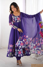 Lehenga Mart Designer Anarkali Suit With Kurta Pant Dupatta For Women-Purple | Grocsy