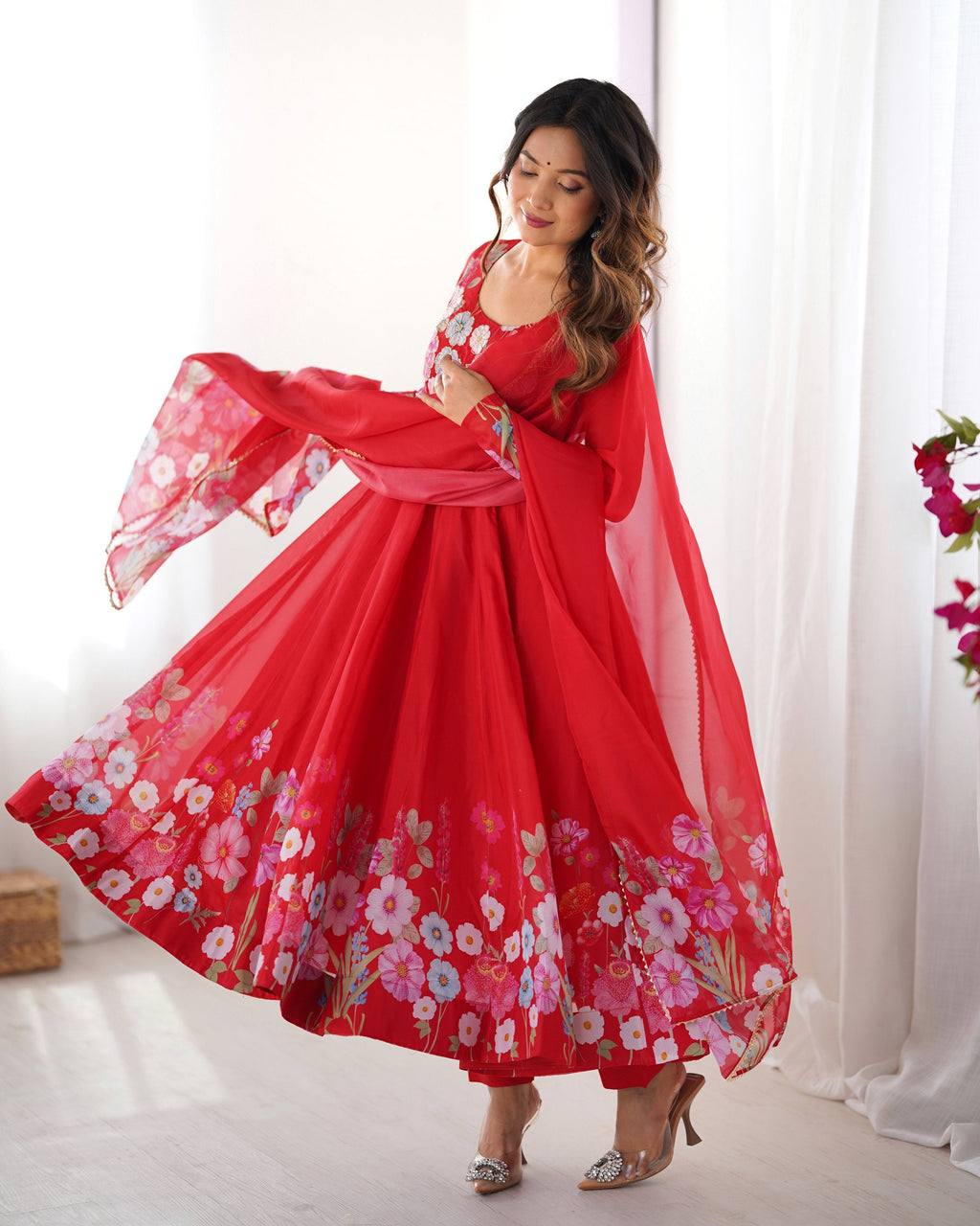 Lehenga Mart Designer Anarkali Suit With Kurta Pant Dupatta For Women-Red | Grocsy