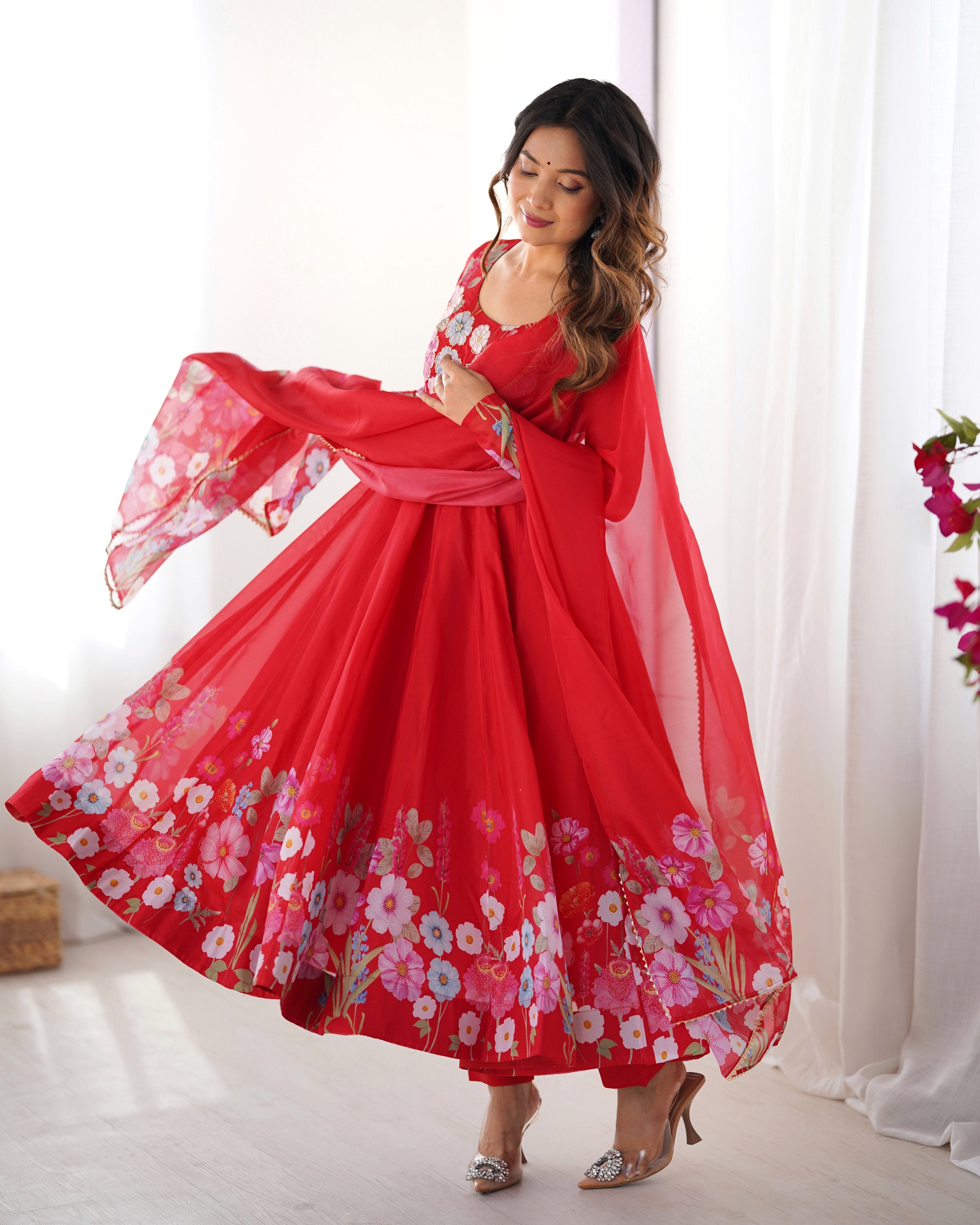 Lehenga Mart Designer Anarkali Suit With Kurta Pant Dupatta For Women-Red | Grocsy