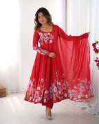 Lehenga Mart Designer Anarkali Suit With Kurta Pant Dupatta For Women-Red | Grocsy