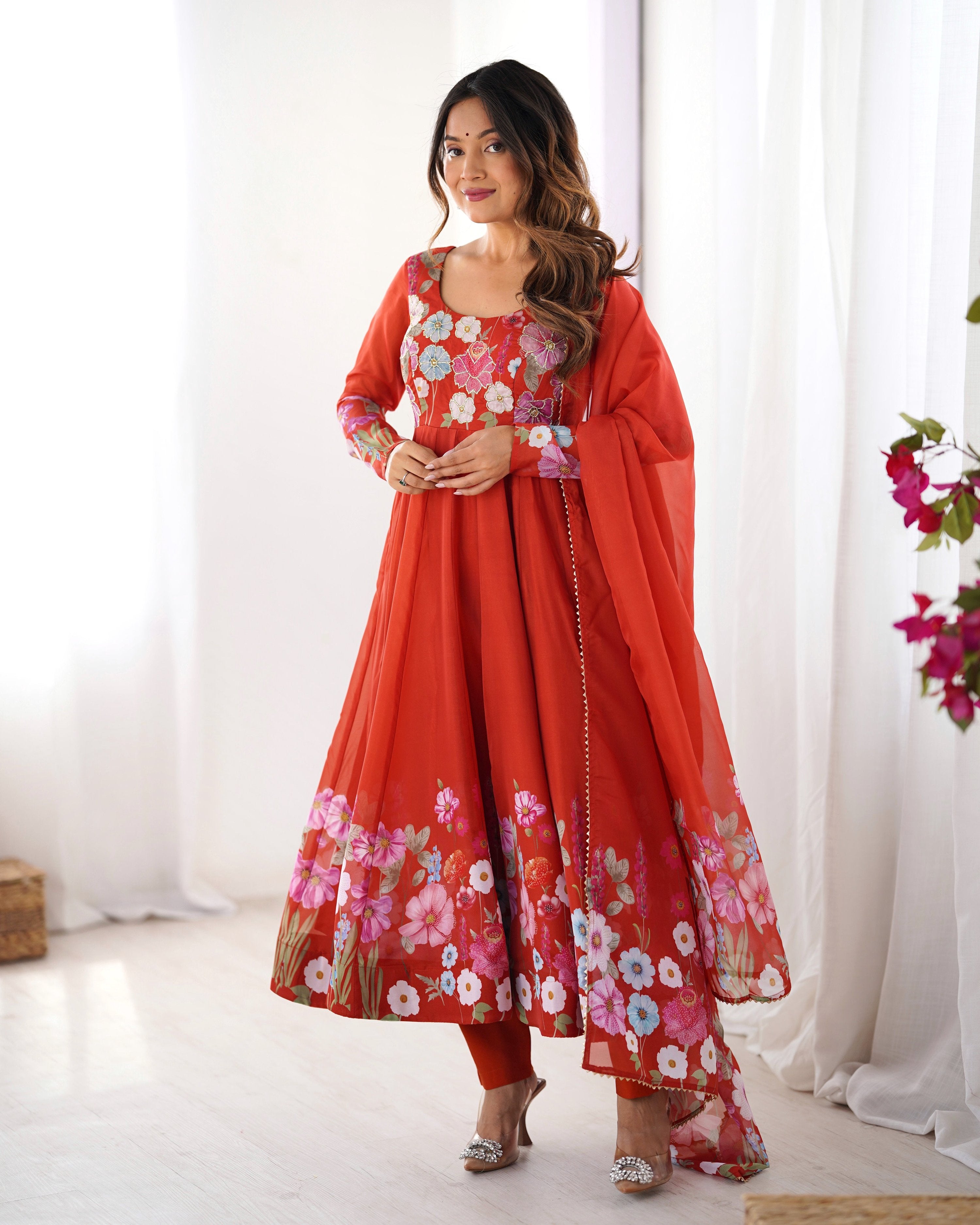Lehenga Mart Designer Anarkali Suit With Kurta Pant Dupatta For Women-Rust | Grocsy