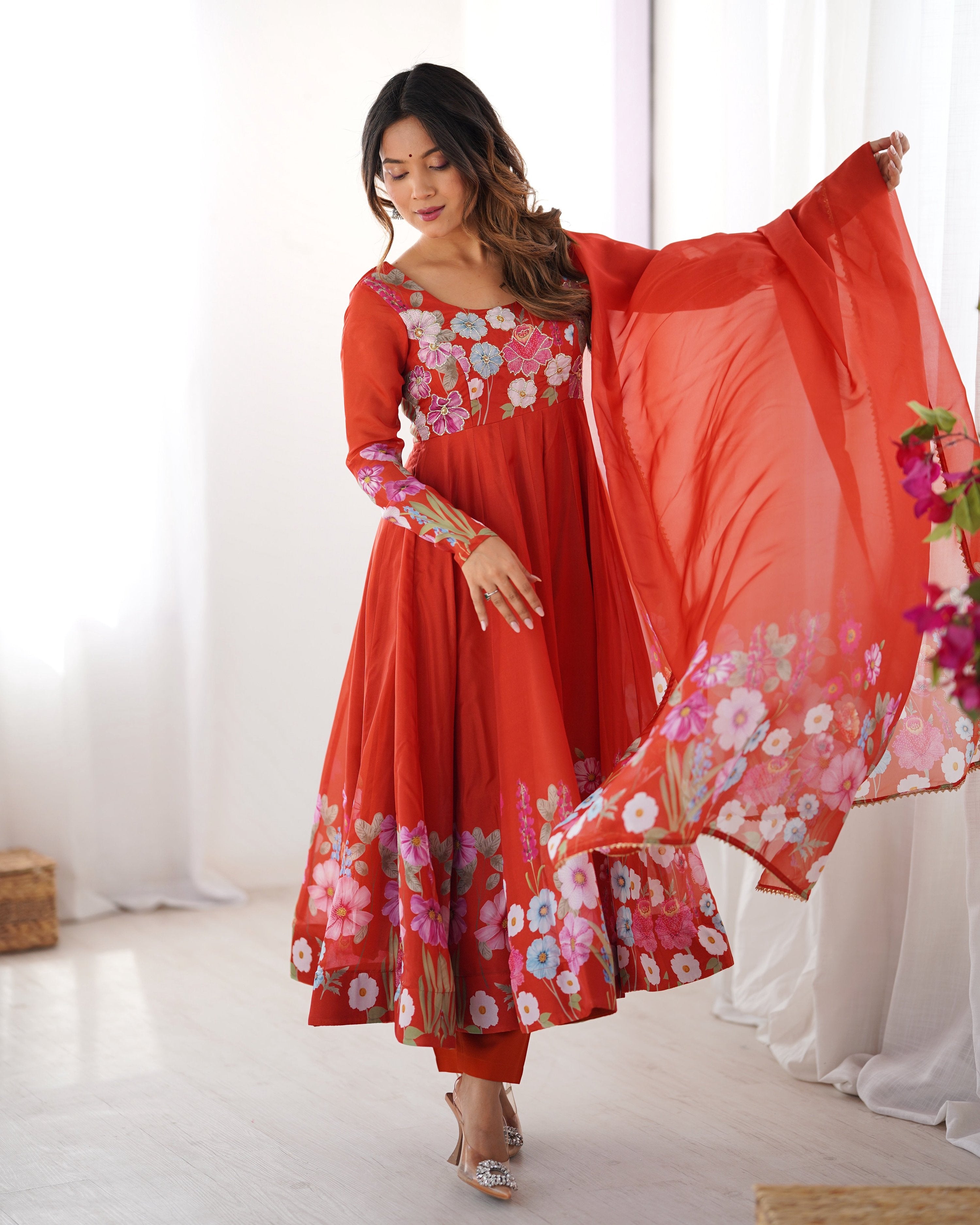 Lehenga Mart Designer Anarkali Suit With Kurta Pant Dupatta For Women-Rust | Grocsy