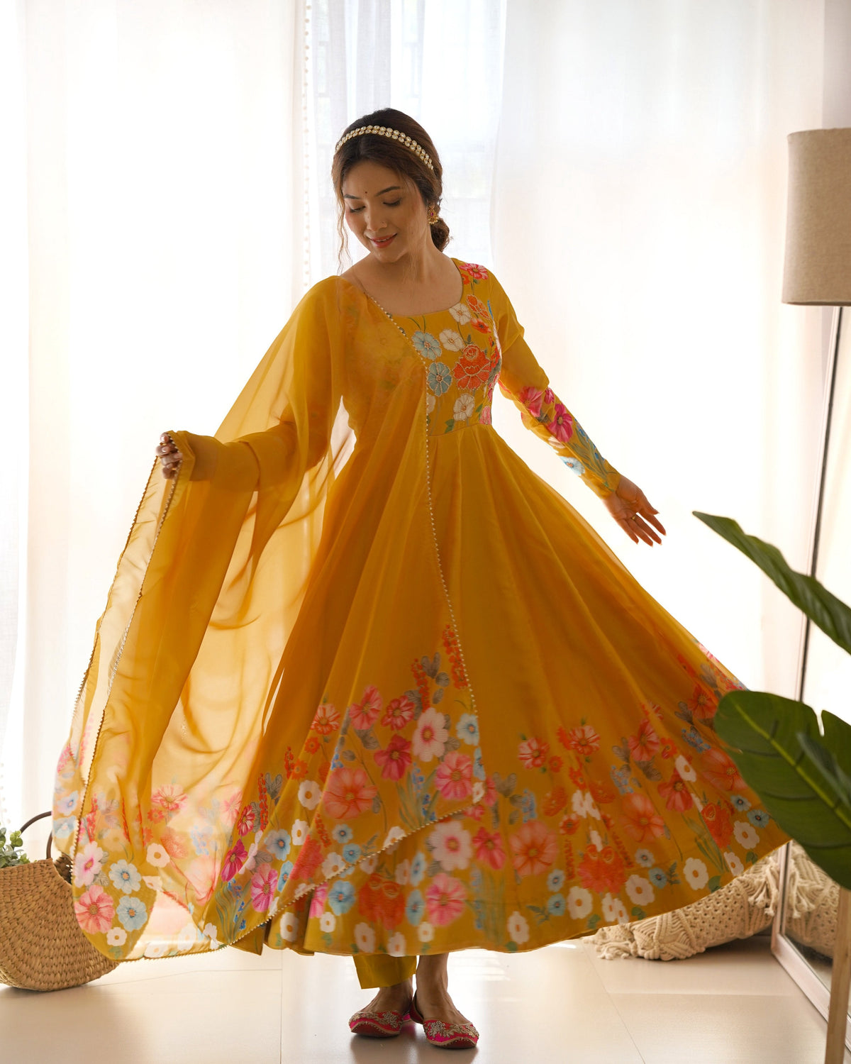 Lehenga Mart Designer Anarkali Suit With Kurta Pant Dupatta For Women-Yellow | Grocsy