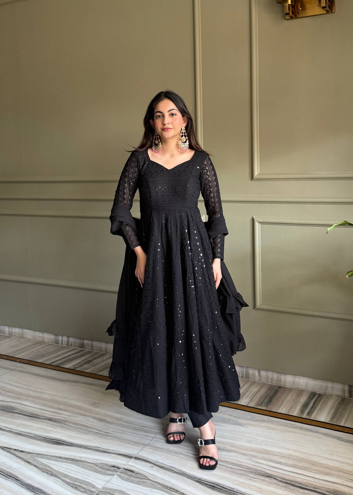Lehenga Mart Designer Anarkali Suit With Kurta Pant Dupatta For Women-Black | Grocsy