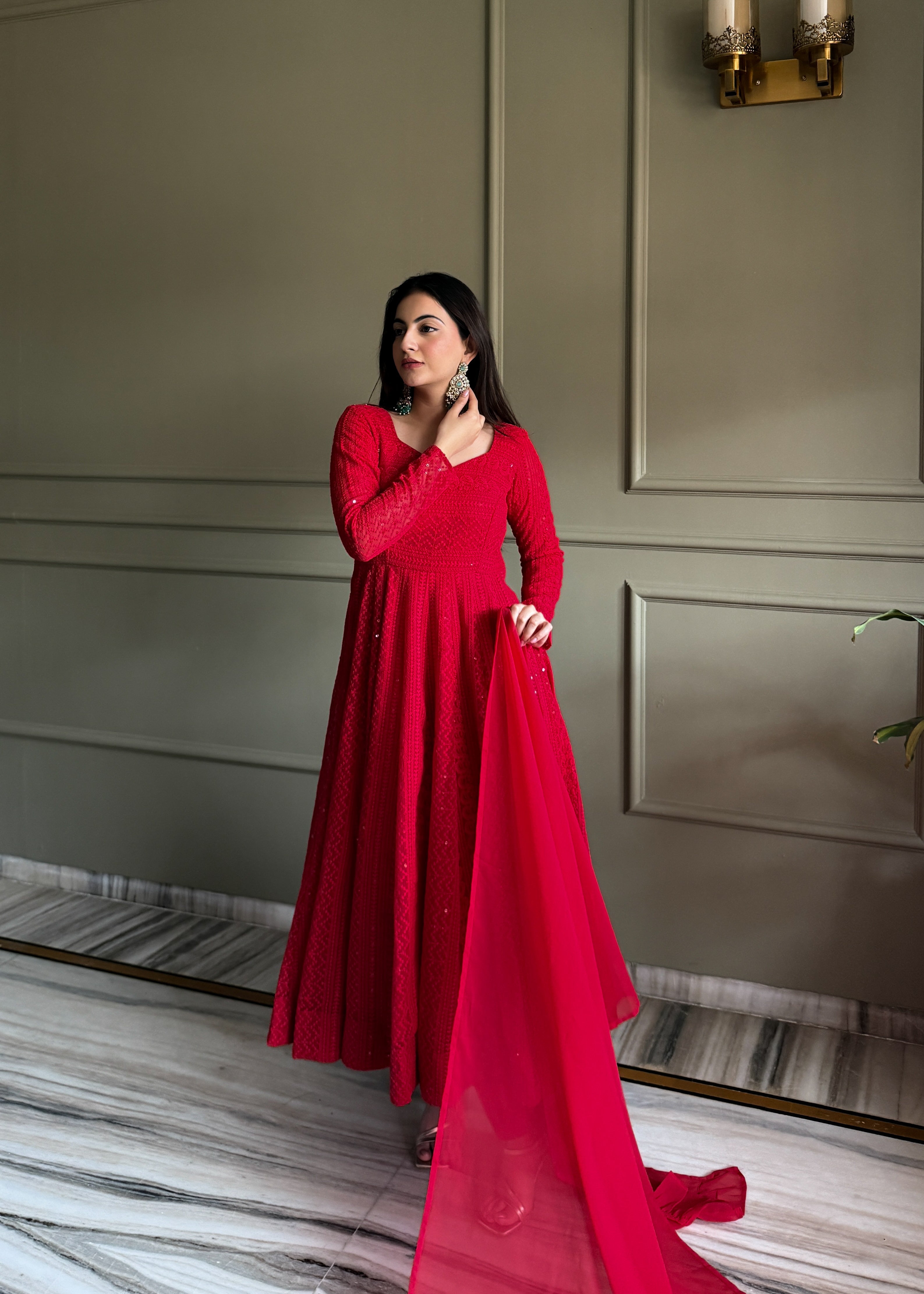 Lehenga Mart Designer Anarkali Suit With Kurta Pant Dupatta For Women-Red | Grocsy