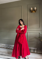 Lehenga Mart Designer Anarkali Suit With Kurta Pant Dupatta For Women-Red | Grocsy