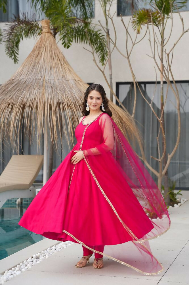 Joban Fashion Rani Pink Kurta Set Chanderi Sequence Embroidery Work | Grocsy