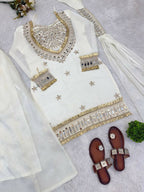 Teeya Creation New Trendy Stylish Real Mirror Work With Lace Border White Kurta Set | Grocsy