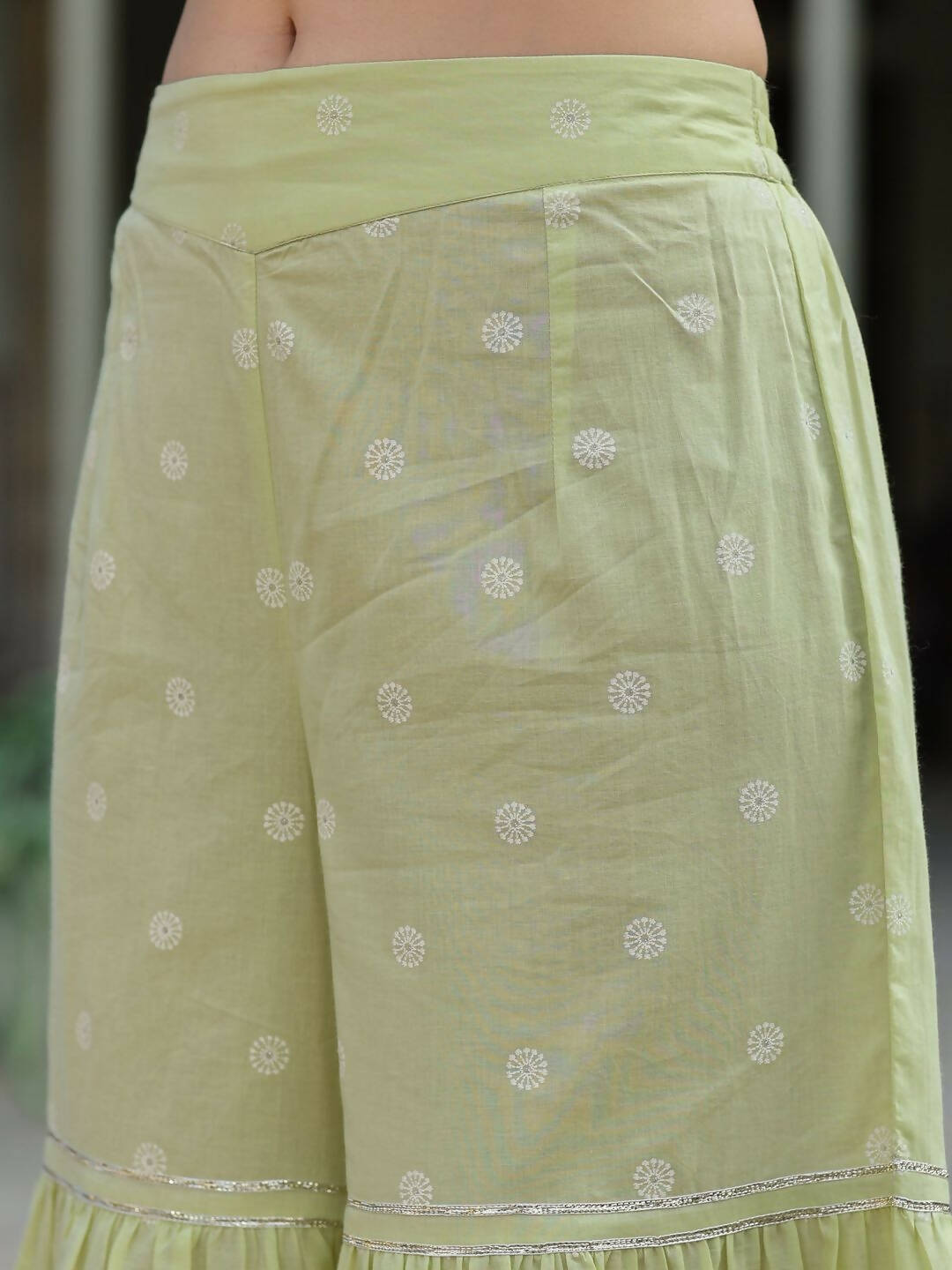 Juniper Women's Lime Green Cambric Floral Print Kurta Sharara Sets | Grocsy