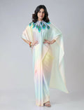 Vastranavya Pastel Rainbow Freehand Peacock Feather Print Ready to Wear Saree | Grocsy