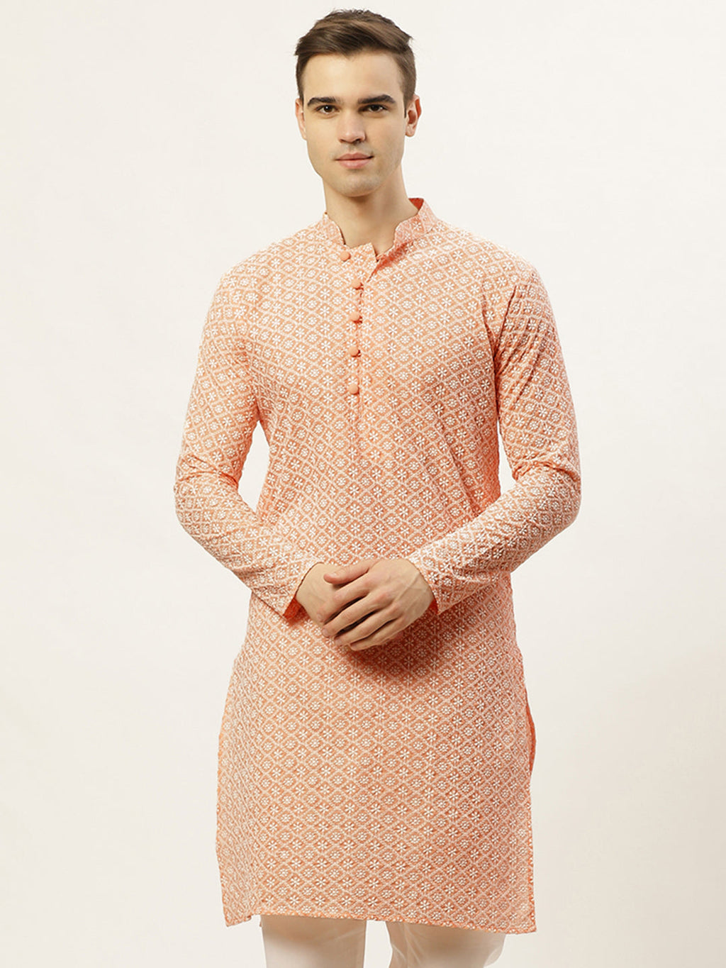 Jompers Men's Orange Embroidered Kurta Only | Grocsy