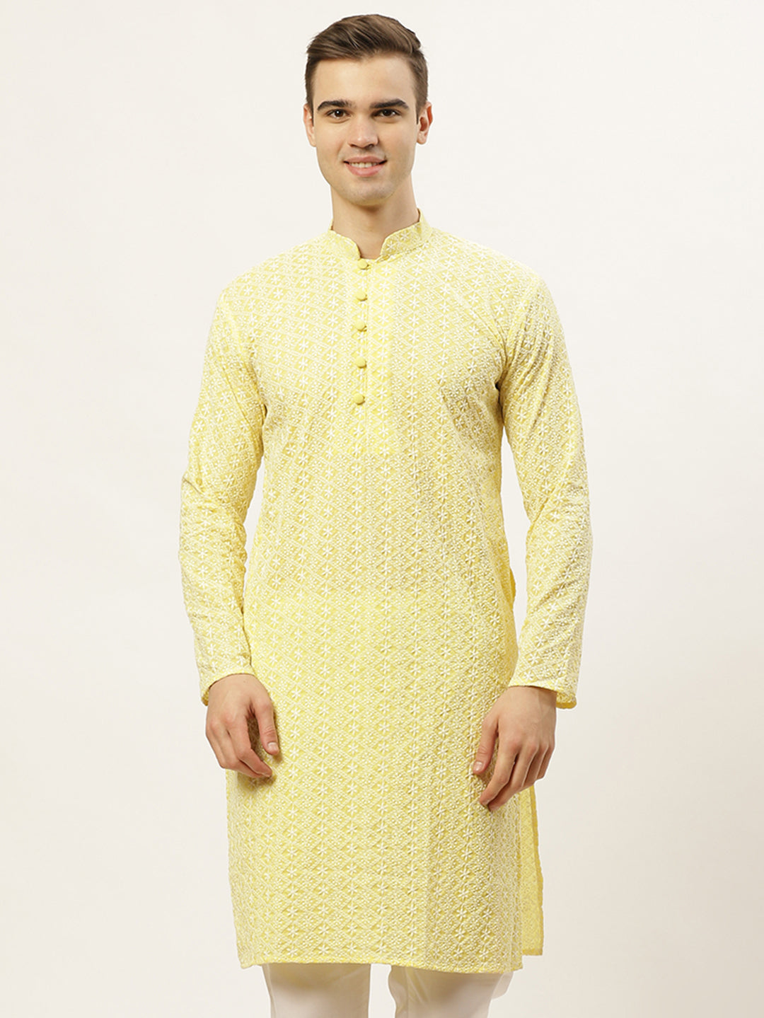 Jompers Men's Yellow Embroidered Kurta Only | Grocsy