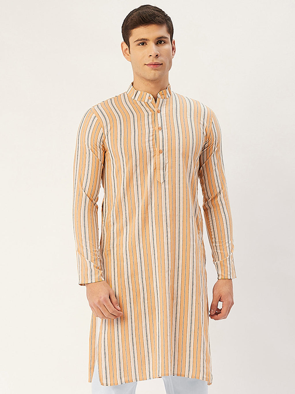 Jompers Men's Yellow Cotton Striped Kurta Only | Grocsy