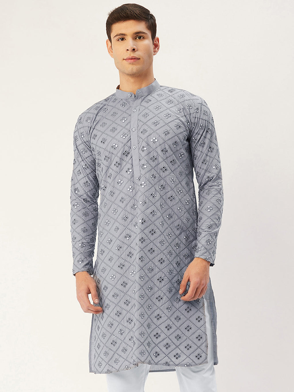 Jompers Men's Grey Embroidered Mirror Work Kurta Only | Grocsy