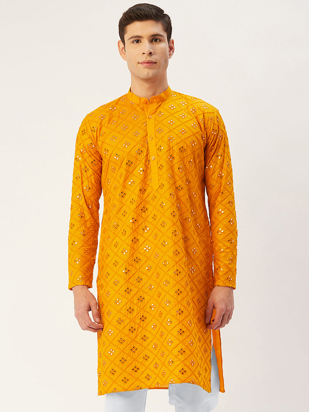Jompers Men's Yellow Embroidered Mirror Work Kurta Only | Grocsy