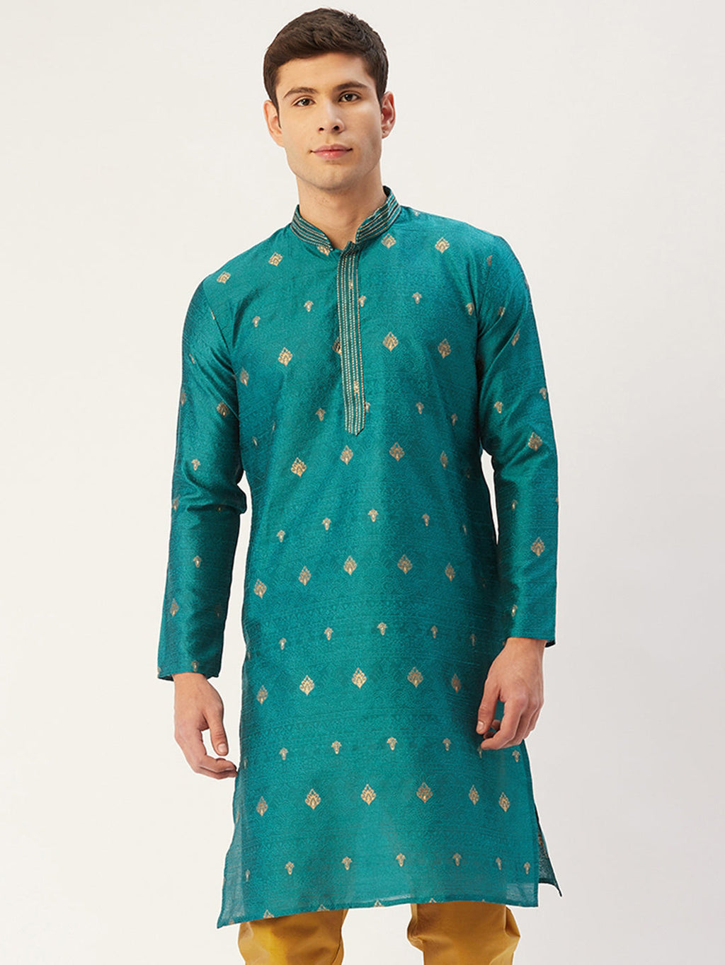 Jompers Men's Teal Coller Embroidered Woven Design Kurta Only | Grocsy