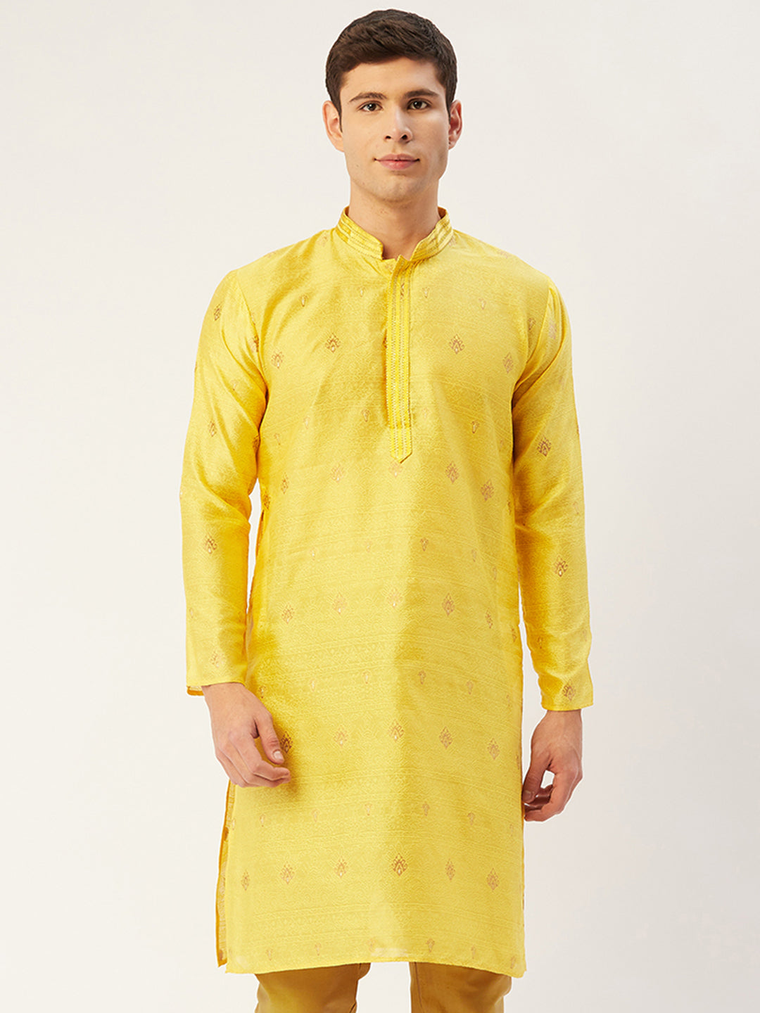 Jompers Men's Yellow Coller Embroidered Woven Design Kurta Only | Grocsy