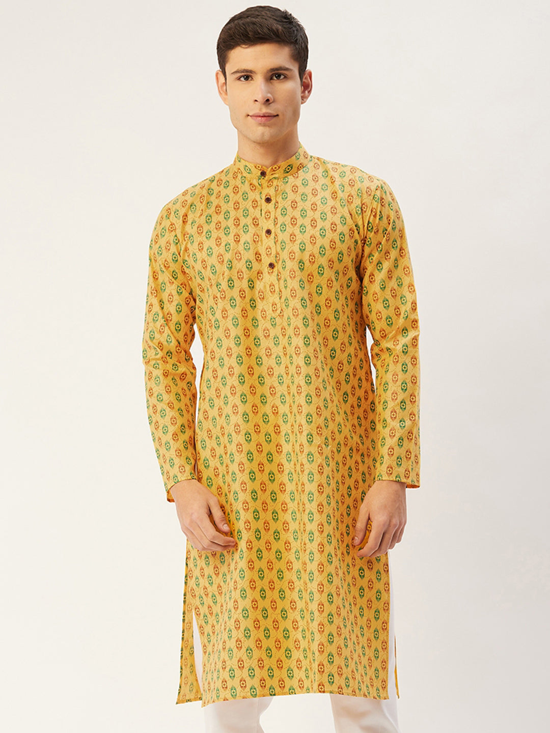 Jompers Men's Mustard Cotton Ikat printed kurta Only | Grocsy