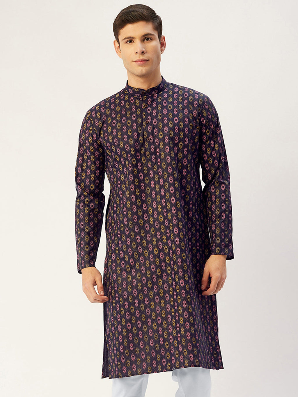 Jompers Men's Navy Cotton Ikat printed kurta Only | Grocsy