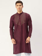 Jompers Men's Maroon Cotton Embroidered Kurta Only | Grocsy