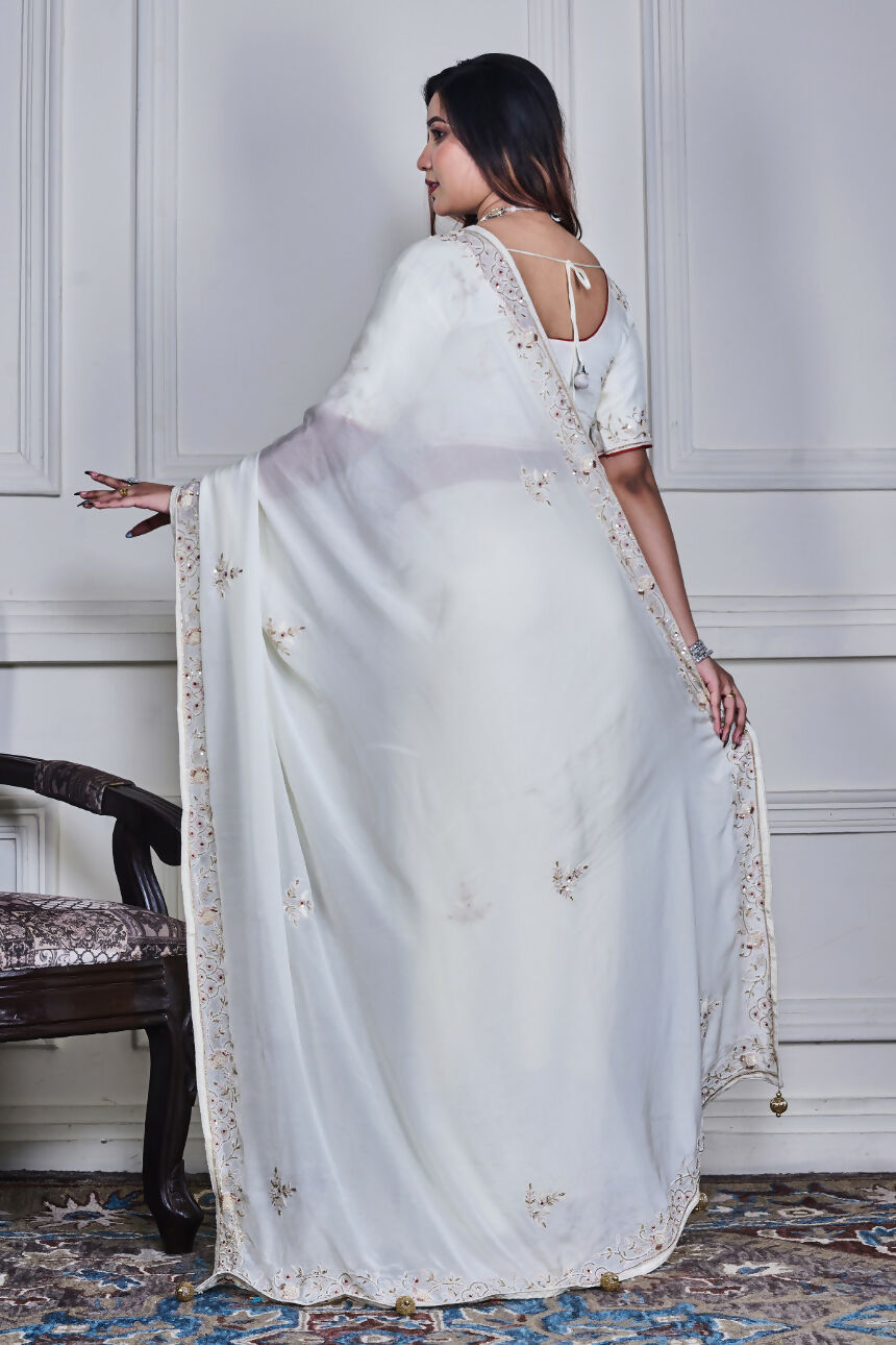 Morchari Off White Chiffon Hand Embroidery Saree Stitched Blouse | Grocsy