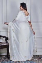 Morchari Off White Chiffon Hand Embroidery Saree Stitched Blouse | Grocsy