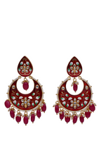 Red Gold-Polished Brass & Pearl Dangle Women Earrings| Hand Painted Meenakari Chandbali Traditional Ethnic Wear Earrings By House of Ree - Swadesiicart